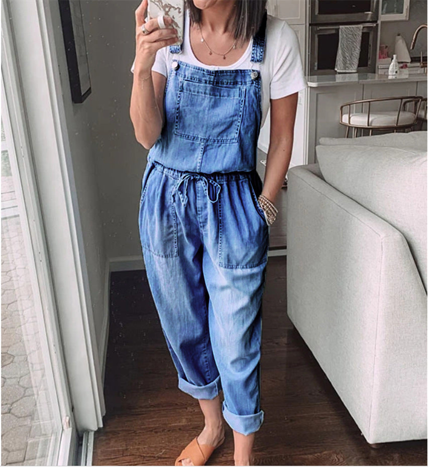 Spring/Summer Drawstring Denim Overalls – Women’s Casual Slim-Fit Denim Pants with Stylish Pockets eprolo