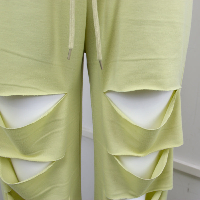 Autumn New High Waist Pants with Broken Holes Casual Loose Tight Waist Wide Leg Pants - FITzzE