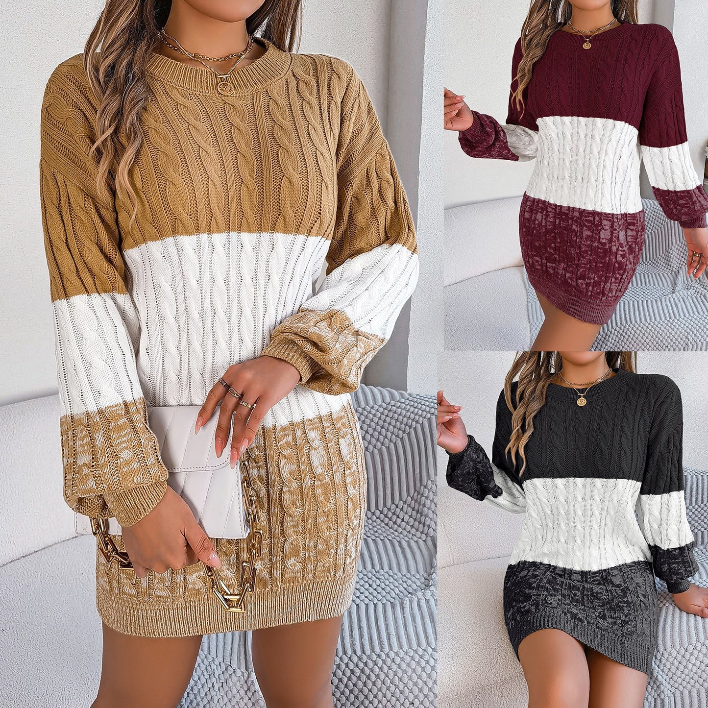 Women’s Autumn/Winter Casual Sweater Dress – European & American Style with Color Matching Twisted Lantern Sleeves eprolo