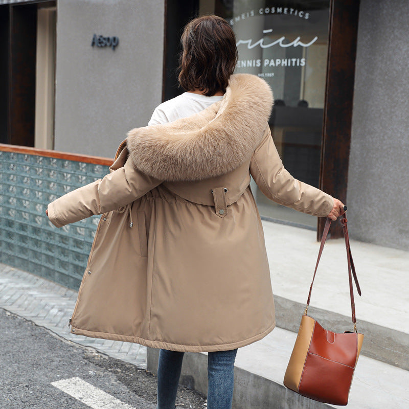Korean version of long and medium length big fur collar with fleece jacket cotton jacket for women's fashion - FITzzE