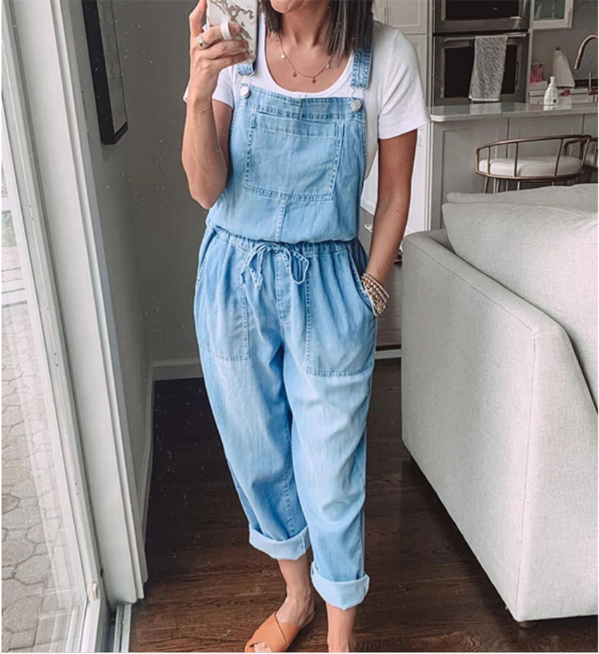 Spring/Summer Drawstring Denim Overalls – Women’s Casual Slim-Fit Denim Pants with Stylish Pockets eprolo