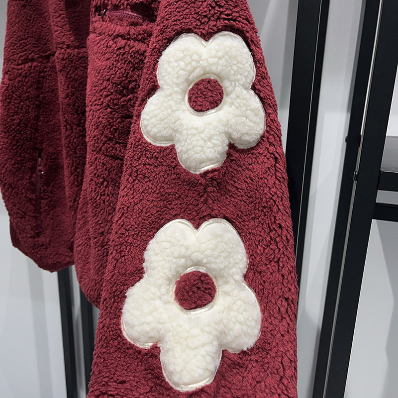 Autumn and Winter Puff Flower Patch Embroidery Half High Collar Zipper Shake Fleece Teddy Coat - FITzzE