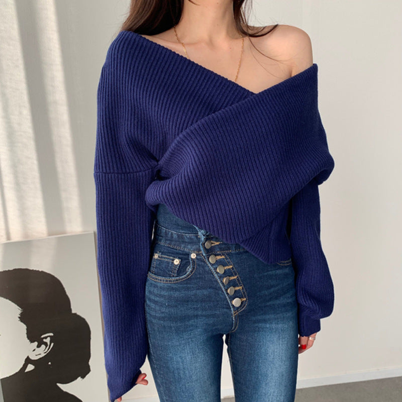 Korean Chic One-Shoulder Knitted Sweater – Loose Long-Sleeve Autumn/Winter Top for Women eprolo