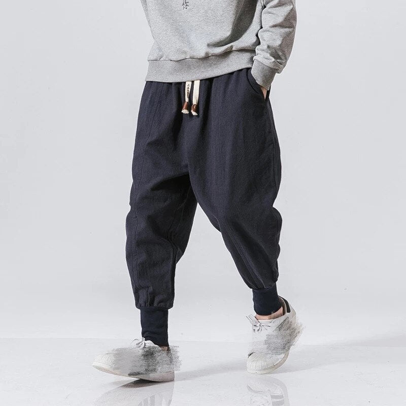 Cotton Pants Men Solid Elastic Waist Streetwear Joggers New Baggy Drop-crotch Pants Casual Trousers Men - FITzzE