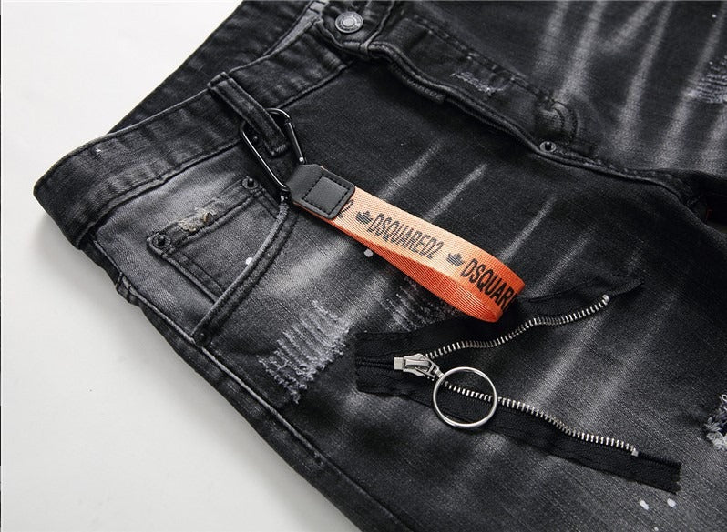 Black and gray paint with torn holes wild zipper decoration personalized new jeans for men - FITzzE