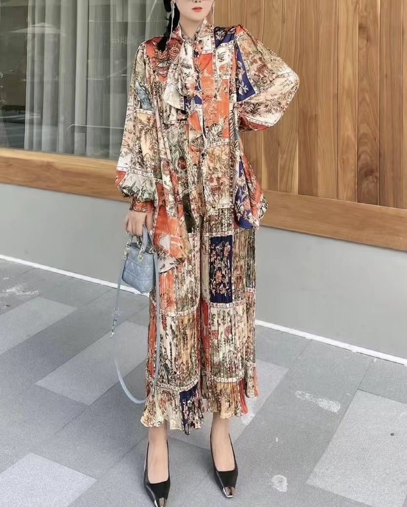 Silhouette cut lantern sleeves butterfly tie flowy belted printed trousers suit - FITzzE