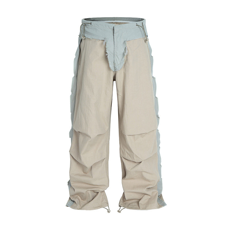 Denim Pants with Spliced Drawstring Cuffed Wide-Leg Cargo Paratrooper Trousers for Men - FITzzE