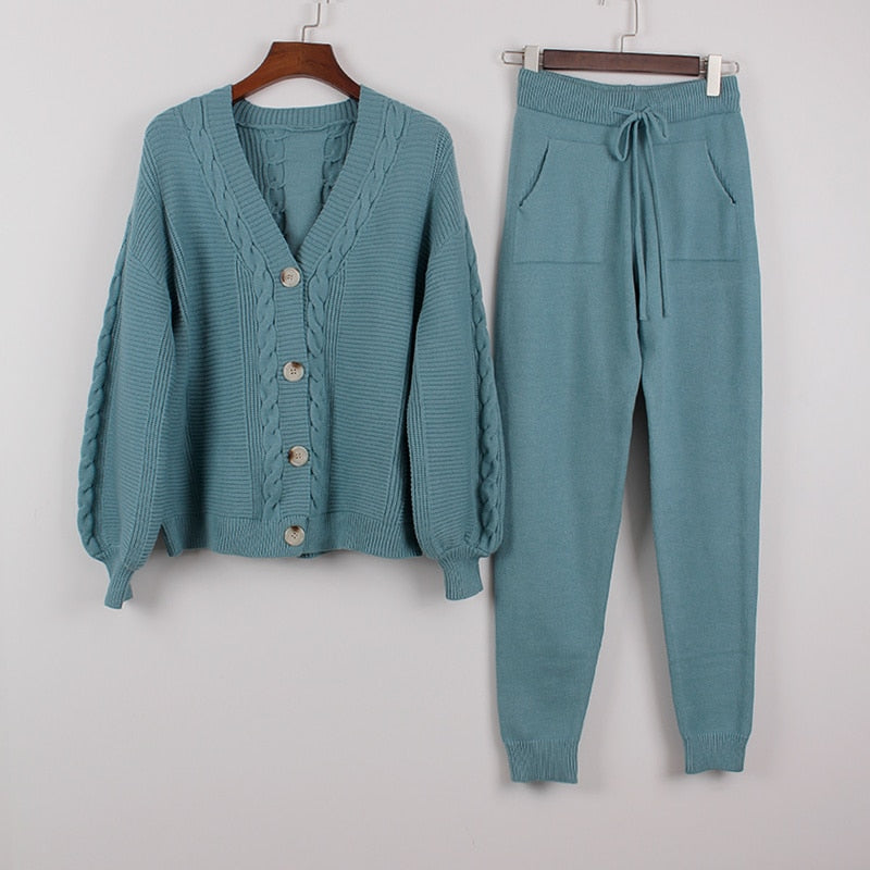 2-piece knit set for women pattern v-neck cardigan + pants trousers knitted suit tracksuit - FITzzE