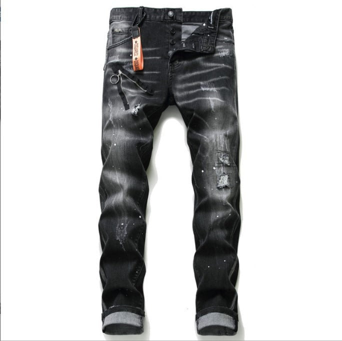 Black and gray paint with torn holes wild zipper decoration personalized new jeans for men - FITzzE