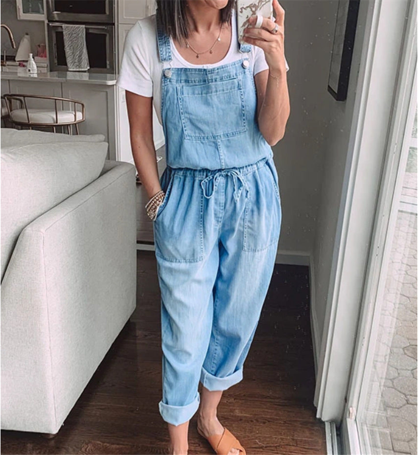 Spring/Summer Drawstring Denim Overalls – Women’s Casual Slim-Fit Denim Pants with Stylish Pockets eprolo