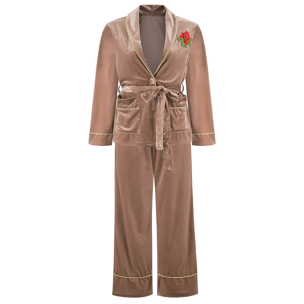 Korean Velvet Rose Embroidered Gold Pocket Home Suit Blouse Trousers Pajamas Woman - FITzzE