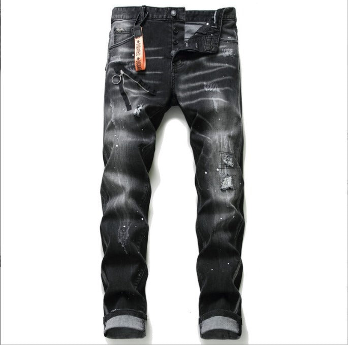 Black and gray paint with torn holes wild zipper decoration personalized new jeans for men - FITzzE