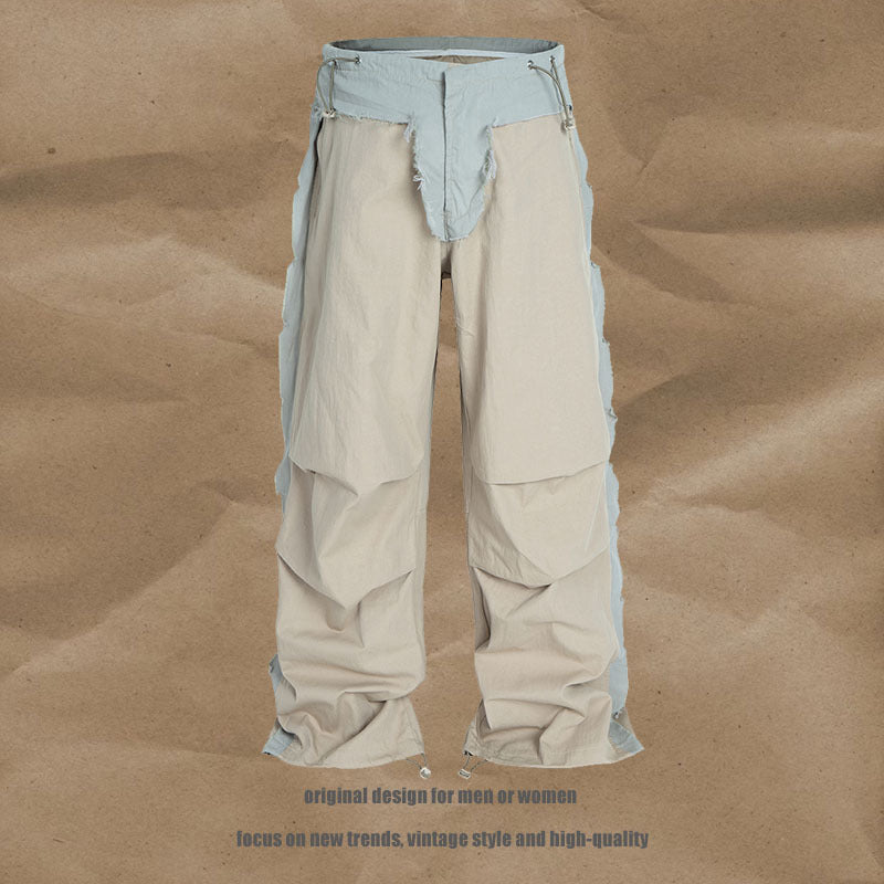 Denim Pants with Spliced Drawstring Cuffed Wide-Leg Cargo Paratrooper Trousers for Men - FITzzE