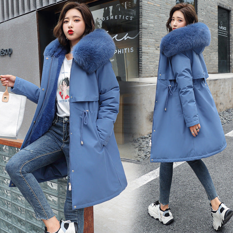 Korean version of long and medium length big fur collar with fleece jacket cotton jacket for women's fashion - FITzzE