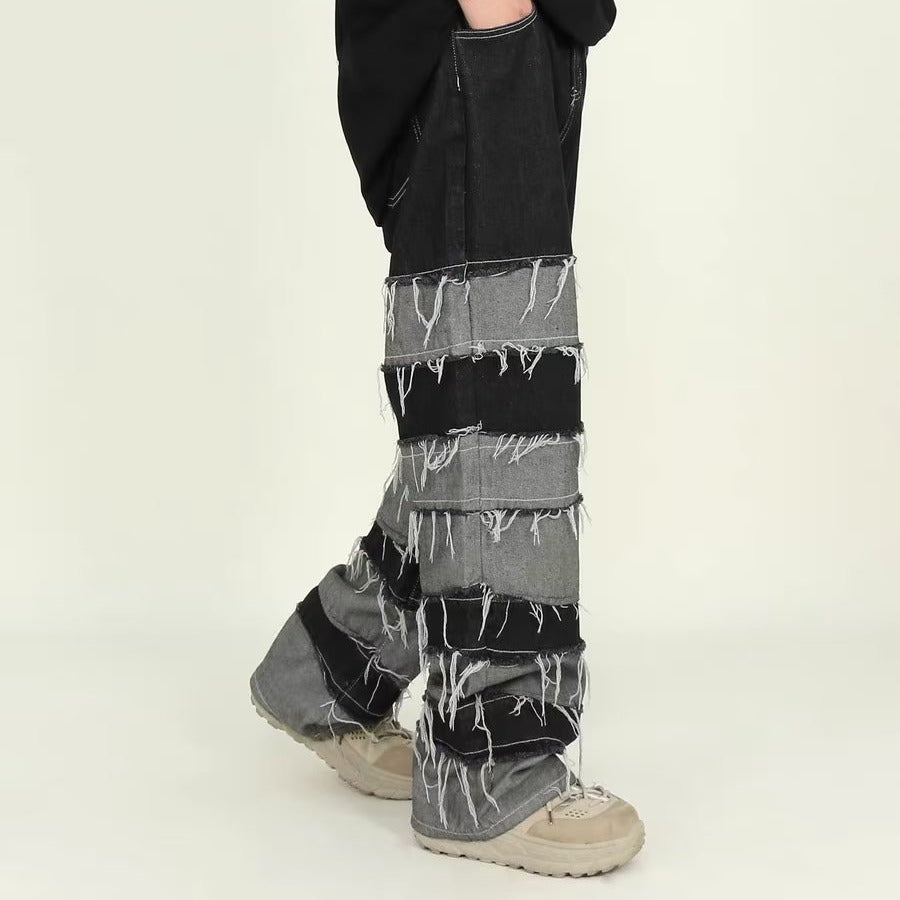 Tassel patchwork jeans men's pants American armband style gradient pants high street ins trendy beggar pants - FITzzE