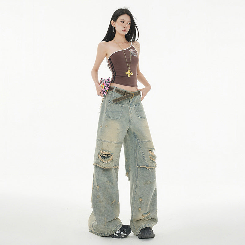 High Street Post-Apocalyptic Style Distressed Denim Pants for Men and Women, Loose Washed Vintage Wide-Leg Trousers - FITzzE