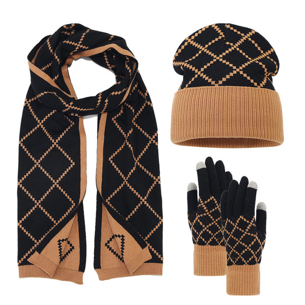 Adult Knitted Hat Glove Scarf Set Winter Men and Women Outdoor Cold proof Diamond Grid Knitted Hat - FITzzE