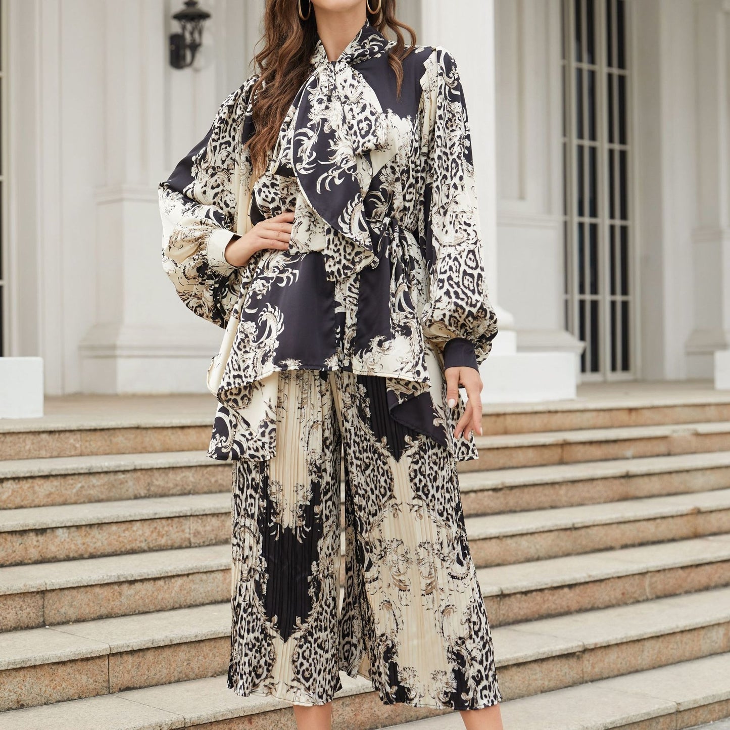 Silhouette cut lantern sleeves butterfly tie flowy belted printed trousers suit - FITzzE
