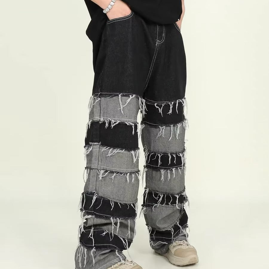 Tassel patchwork jeans men's pants American armband style gradient pants high street ins trendy beggar pants - FITzzE