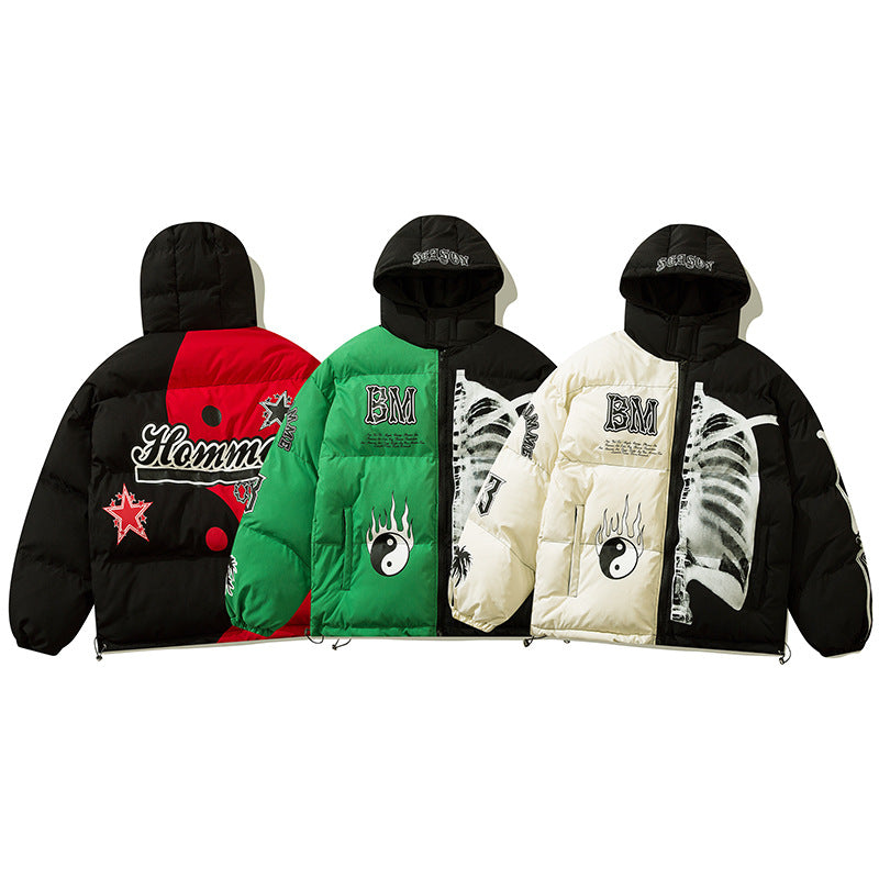 Trend Brand Street National Style Gossip Tai Chi Hit Color Warm Cotton Jacket Men And Women Loose Hooded Cotton Clothes - FITzzE