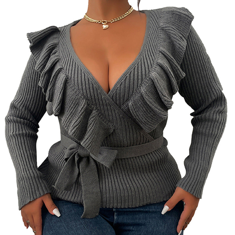 Autumn And Winter New Large Size V-Neck Solid Color Knitted Sweater Fashion Loose Sweater Women - FITzzE