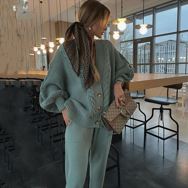 2-piece knit set for women pattern v-neck cardigan + pants trousers knitted suit tracksuit - FITzzE