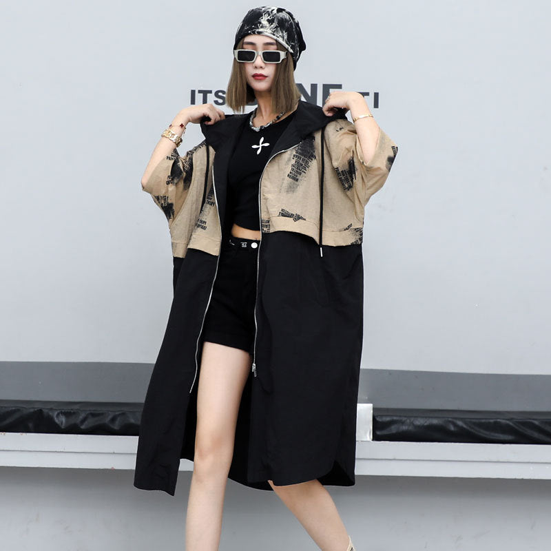 Plus Size Women’s Color Block Spliced Jacket – Fake Two-Piece Medium Long Windbreaker for Autumn & Winter eprolo