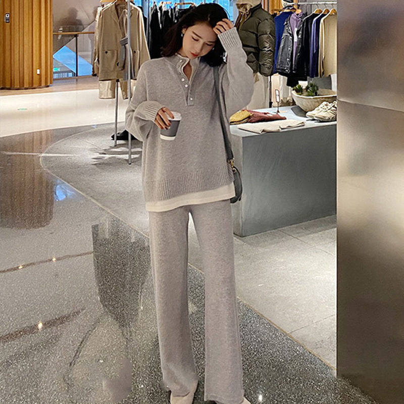 Knitted Sweater & Wide-Leg Pants Two-Piece Set -Cozy Autumn/Winter Loungewear for Women - FITzzE