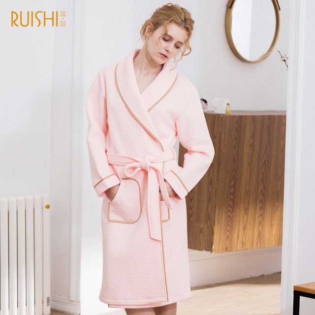 J&Q mall robe warm air cotton sandwich couple pajamas long sleeve drop shipping men and women bathrobe pure cotton nightgown - FITzzE
