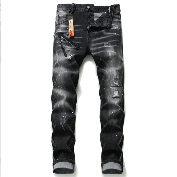 Black and gray paint with torn holes wild zipper decoration personalized new jeans for men - FITzzE