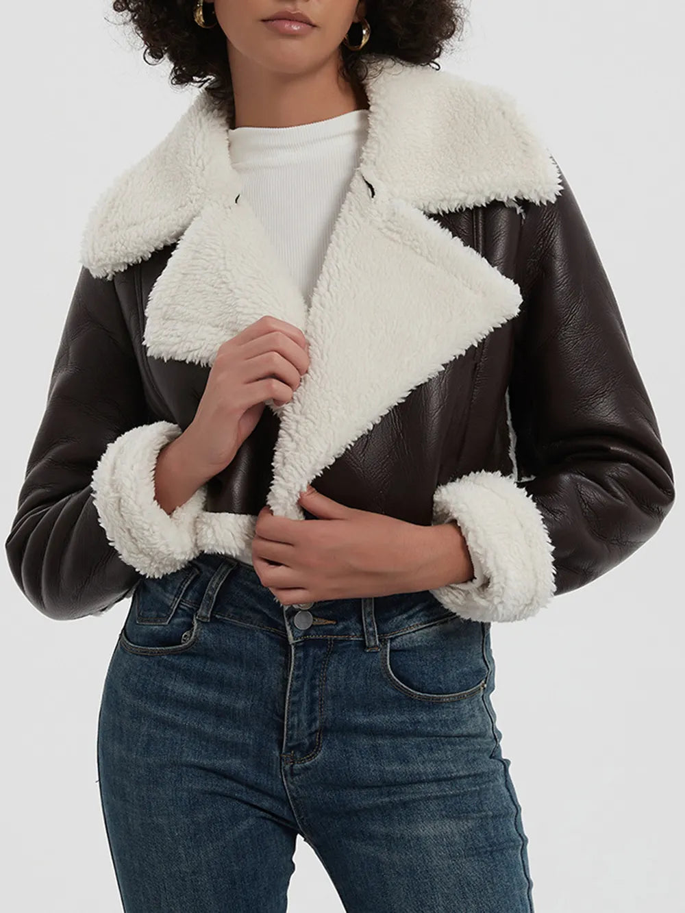 Collared Neck Plush Cropped Jacket ,Cozy Long Sleeve Outerwear for a Chic Winter Look - FITzzE