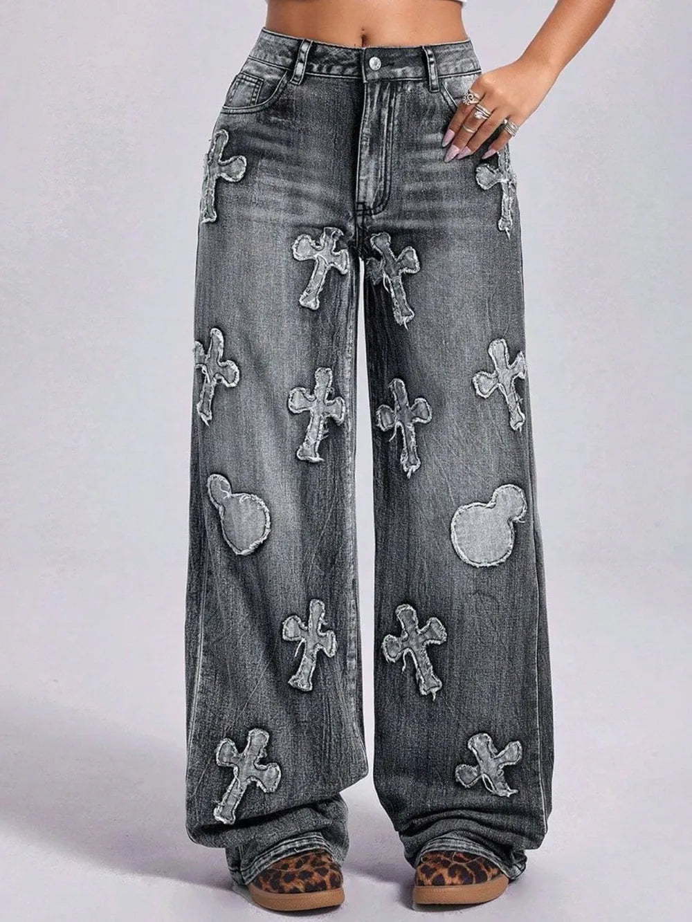 Cross Wide Leg Jeans with Pockets – Trendy High-Waist Loose Fit Denim for a Chic Street Style Look eprolo
