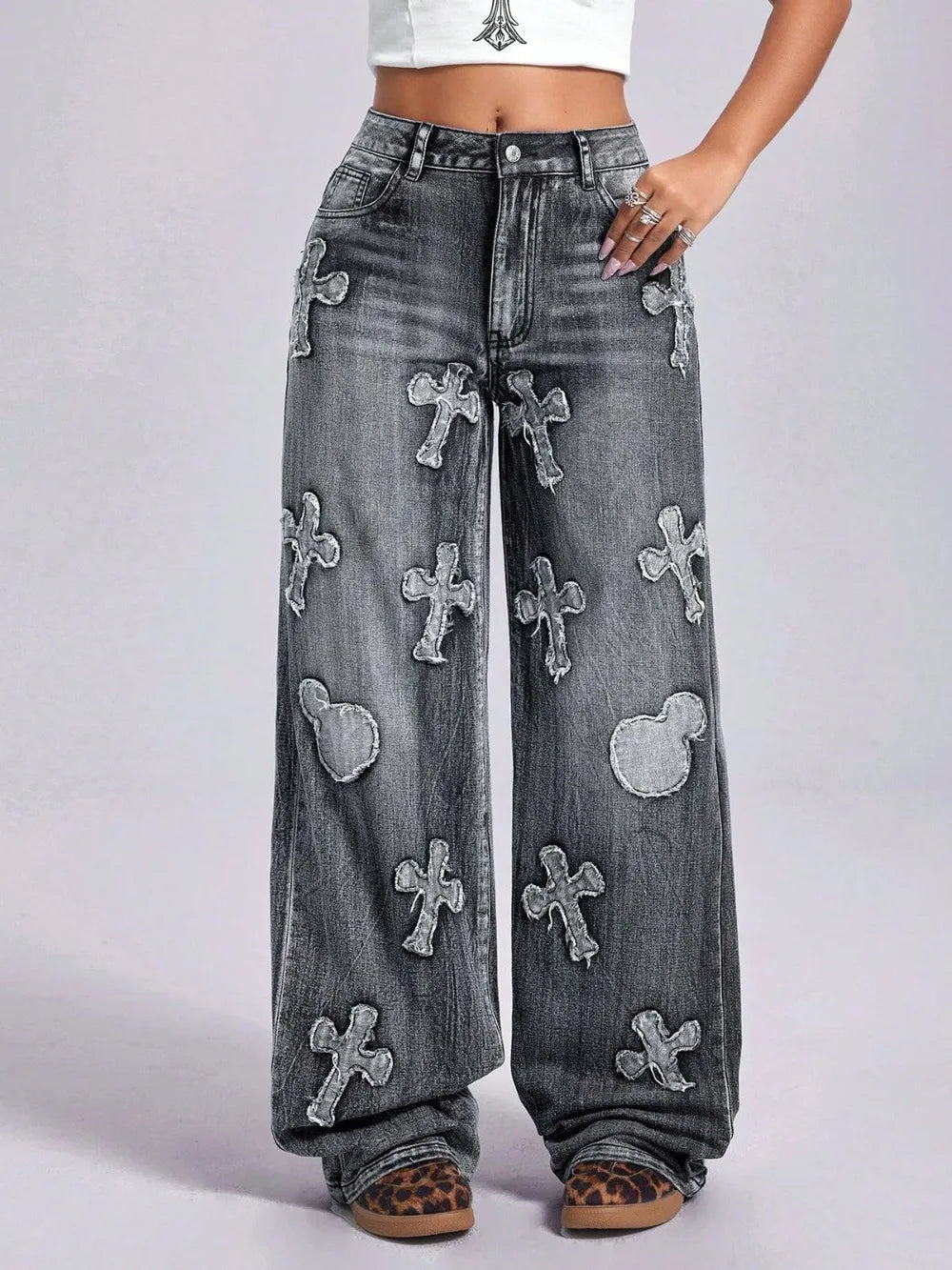 Cross Wide Leg Jeans with Pockets – Trendy High-Waist Loose Fit Denim for a Chic Street Style Look eprolo
