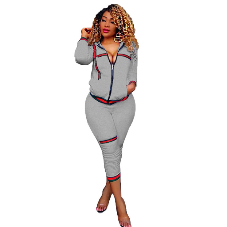 Autumn Women's Sportswear 2pcs Women's Hooded Long Sleeve Zip Crop Tops Long Pants Trousers Loose Casual Clothes Set - FITzzE