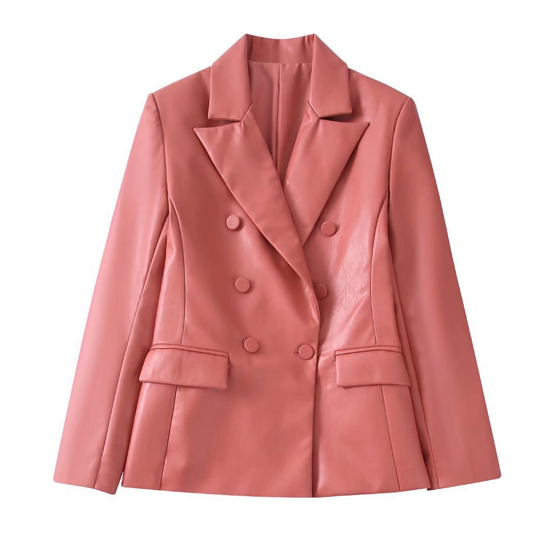 Spring/Summer New Women's Solid Color Faux Leather Double Breasted Blazer + High Waist Leather Pants - FITzzE