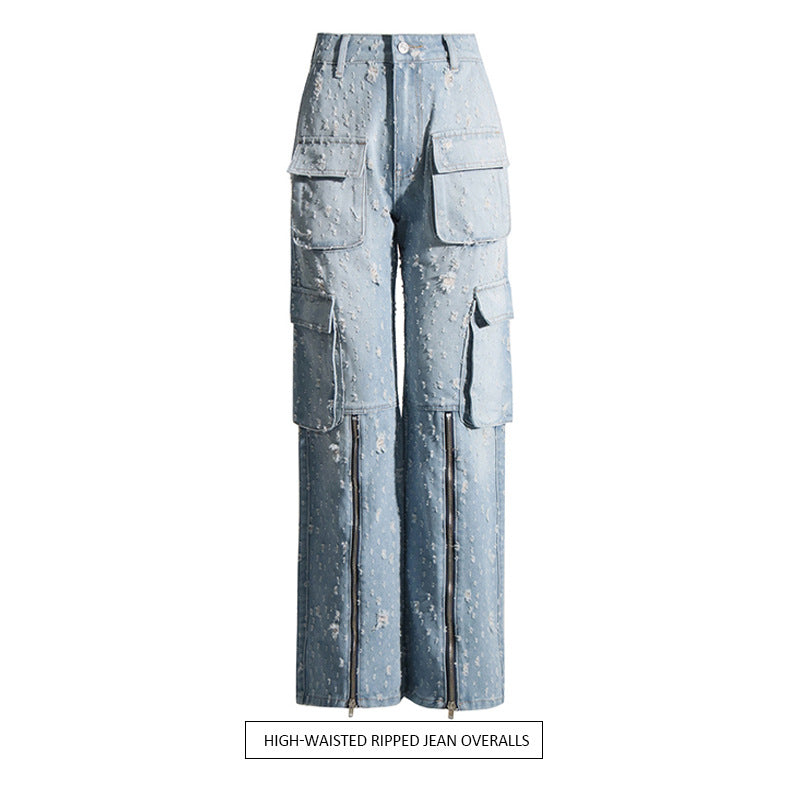 Autumn Trend Blue Ripped Distressed Multi-Pocket High Waist Denim Overalls – Street Style Essential for Women eprolo