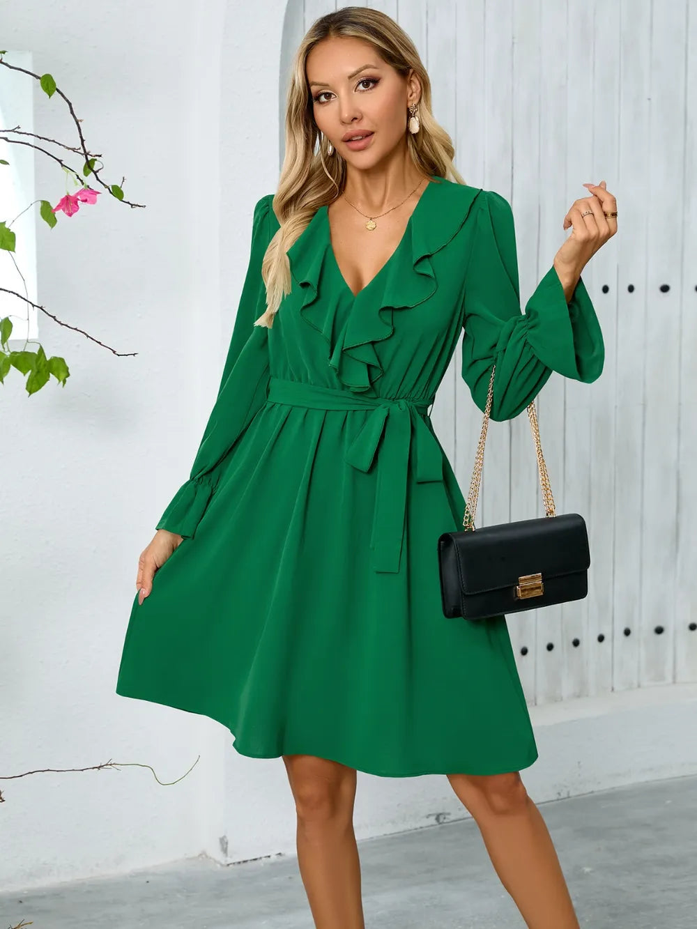 Ruffled V-Neck Flounce Sleeve Dress -Elegant and Feminine Style for Any Occasion - FITzzE