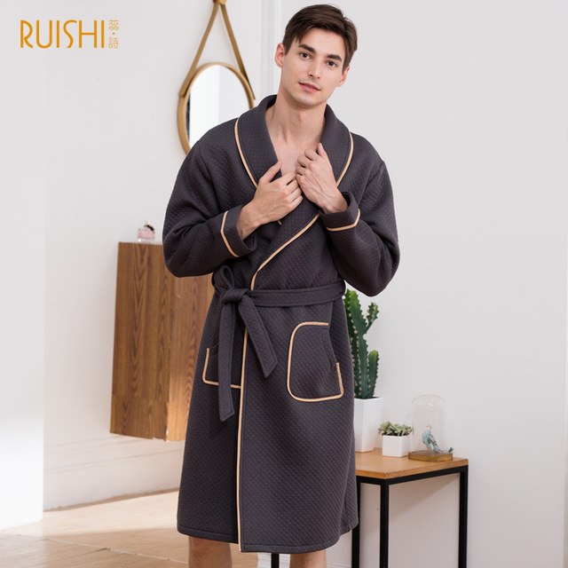 J&Q mall robe warm air cotton sandwich couple pajamas long sleeve drop shipping men and women bathrobe pure cotton nightgown - FITzzE