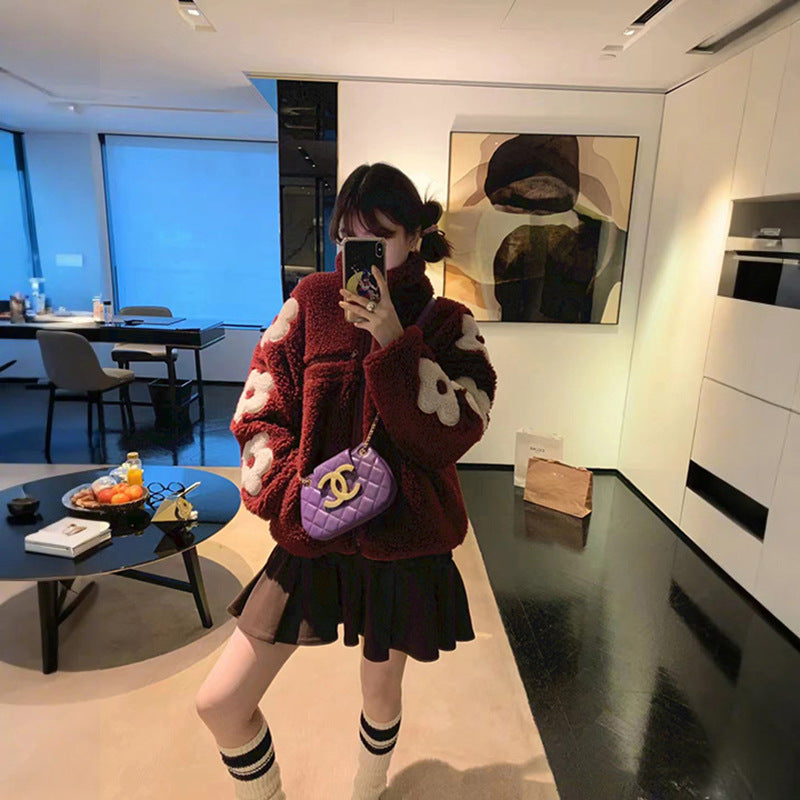 Autumn and Winter Puff Flower Patch Embroidery Half High Collar Zipper Shake Fleece Teddy Coat - FITzzE