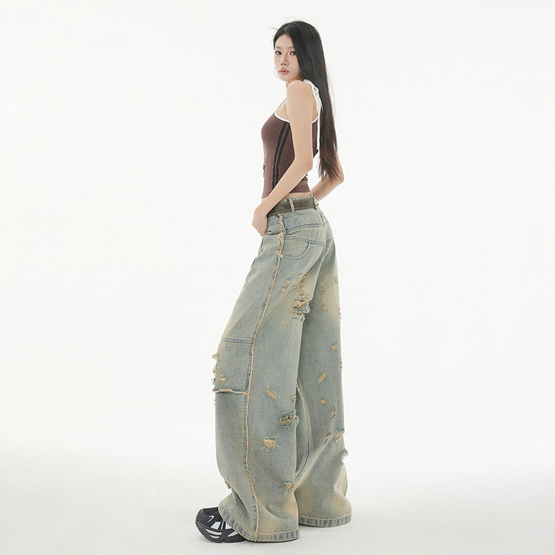High Street Post-Apocalyptic Style Distressed Denim Pants for Men and Women, Loose Washed Vintage Wide-Leg Trousers - FITzzE