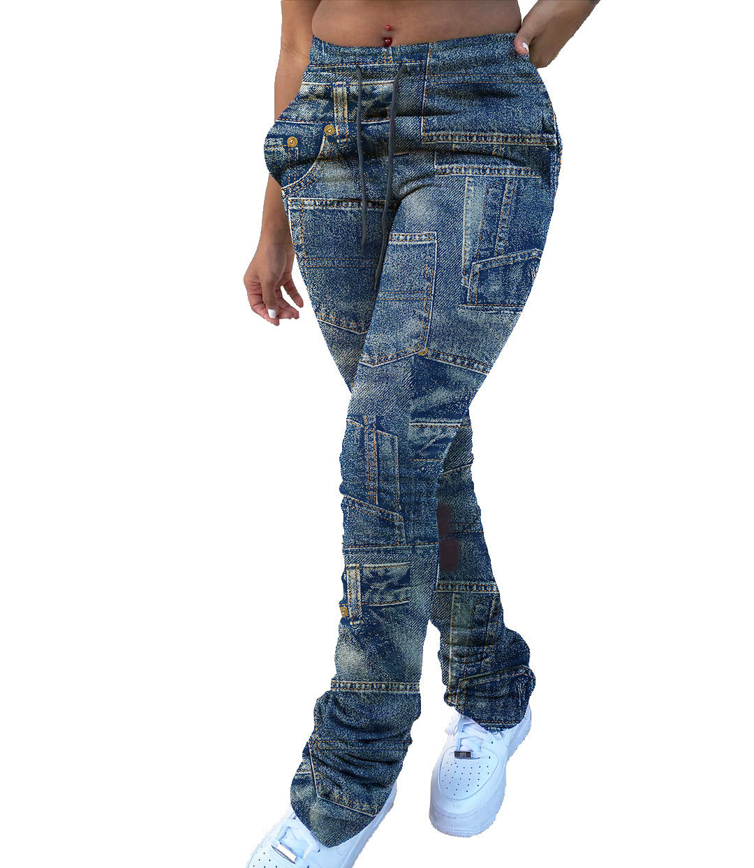 Faux Denim Print Drawstring Pants – Stylish Elastic Waist Casual Trousers for Women eprolo