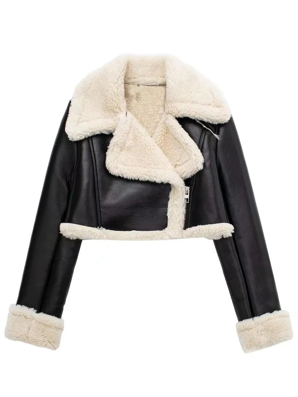 Collared Neck Plush Cropped Jacket ,Cozy Long Sleeve Outerwear for a Chic Winter Look - FITzzE