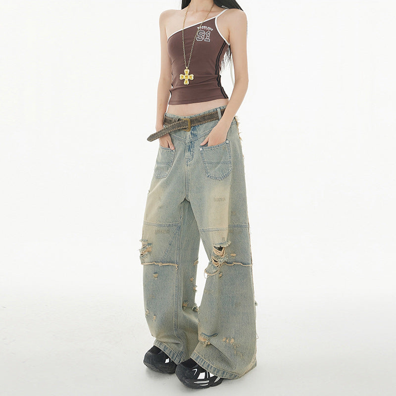 High Street Post-Apocalyptic Style Distressed Denim Pants for Men and Women, Loose Washed Vintage Wide-Leg Trousers - FITzzE