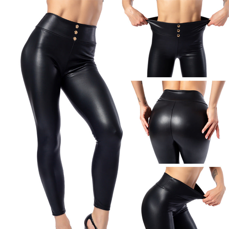 Everbellus Women Sexy Faux Leather Leggings with Button High Waist Thin & Thick Push Up Solid Black Slim PU Leggins Plus Size - FITzzE