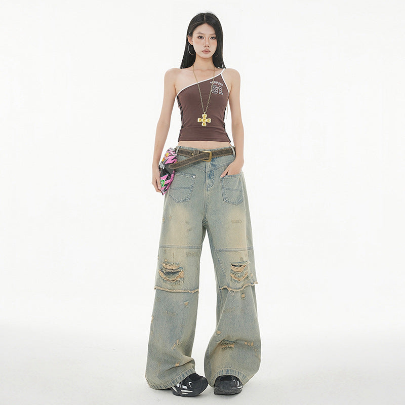 High Street Post-Apocalyptic Style Distressed Denim Pants for Men and Women, Loose Washed Vintage Wide-Leg Trousers - FITzzE