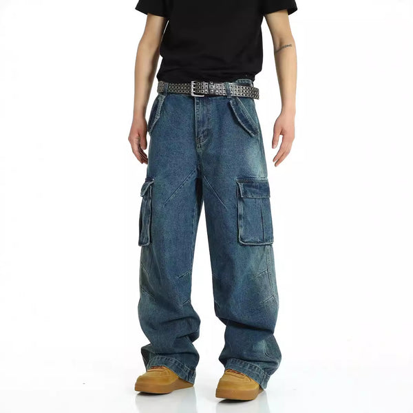 American retro multi pocket heavy-duty jeans men's washed and worn pants street hip-hop high waisted straight leg work pants - FITzzE