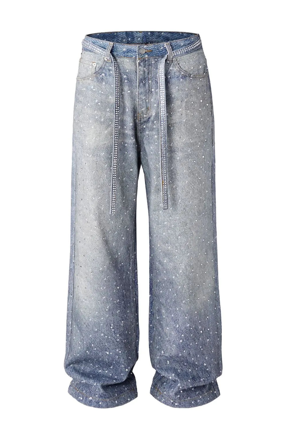 Washed Loose Wide-Leg Printed Jeans – Sparkling Diamond Drop Design Straight-Leg Denim for Women eprolo