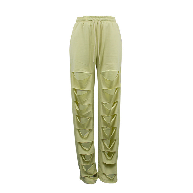 Autumn New High Waist Pants with Broken Holes Casual Loose Tight Waist Wide Leg Pants - FITzzE