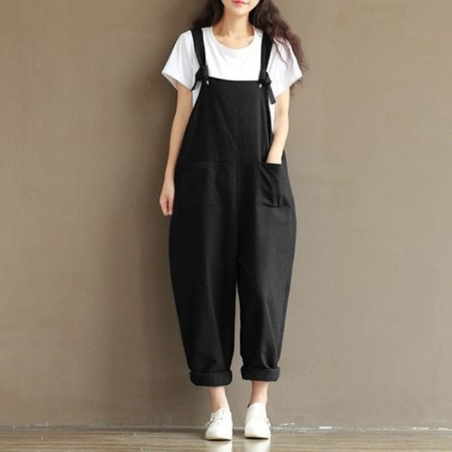 Women Girls Loose Solid Jumpsuit Strap Dungaree Harem Trousers Ladies Overall Pants Casual Playsuits Plus Size - FITzzE