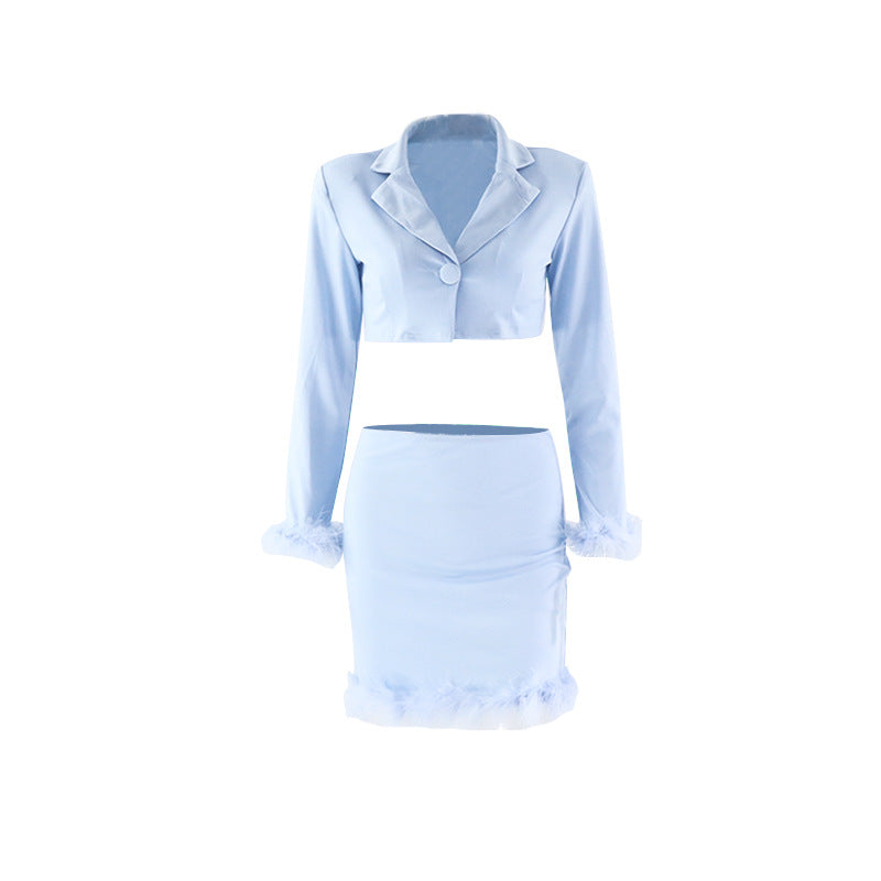 Autumn New Furry Deep V Long Sleeve Navel Top Tight-Fitting Hip Skirt Temperament Suit Women - FITzzE
